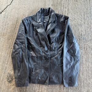 VINTAGE 80S EAST 5TH BLACK LEATHER TRENCH COAT PEACOAT WOMENS MEDIUM